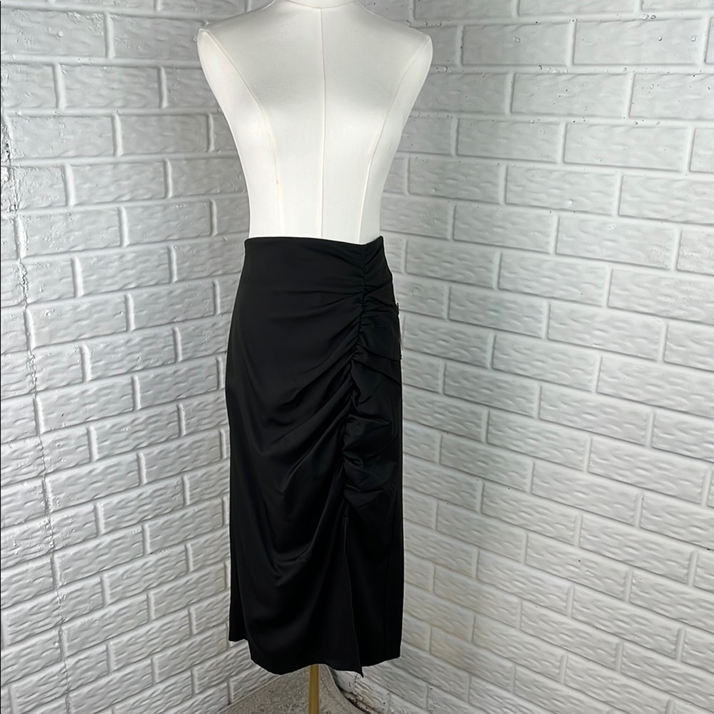 L.N.V. SIDE RUCHED MIDI SLIT SKIRT BLACK AND LINED NWT SZ MED